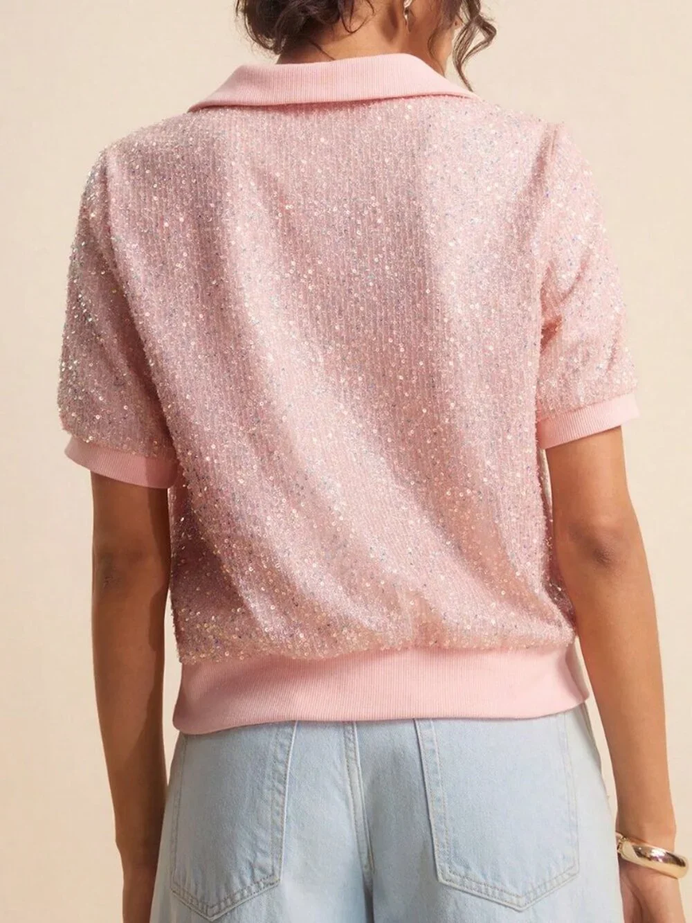 Pink Party Women's Loose Fit Short Sleeve Sequins T-Shirt